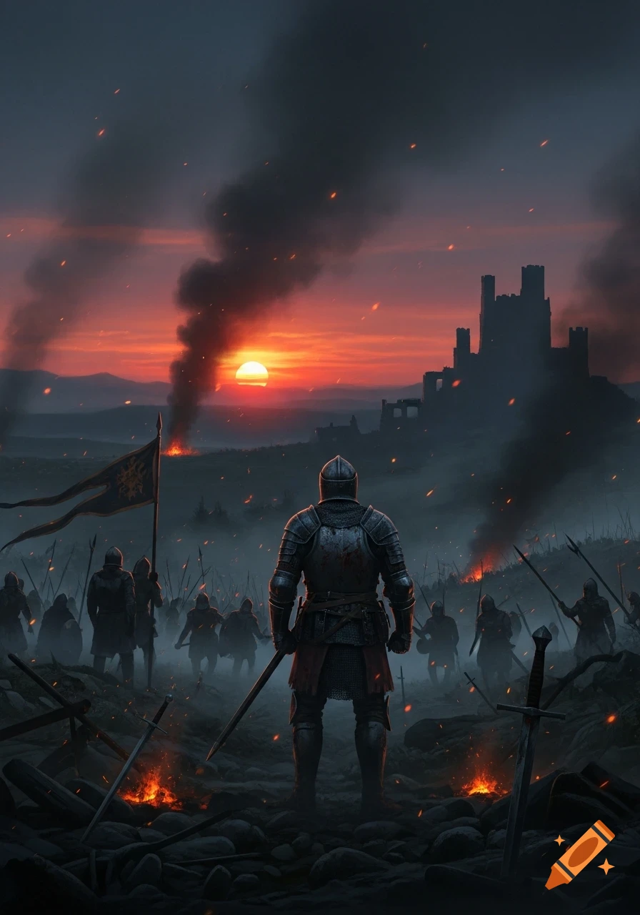A knight overlooks a dark, smoke-filled battlefield at sunset, with a ruined castle and other soldiers in the background.
