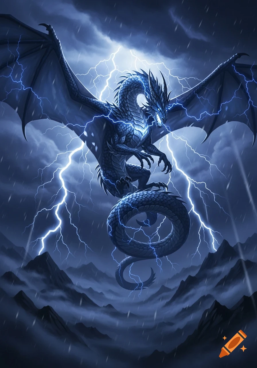 A majestic blue lightning dragon soars through a dark, stormy sky with bolts of lightning, above misty mountains, digital art style.