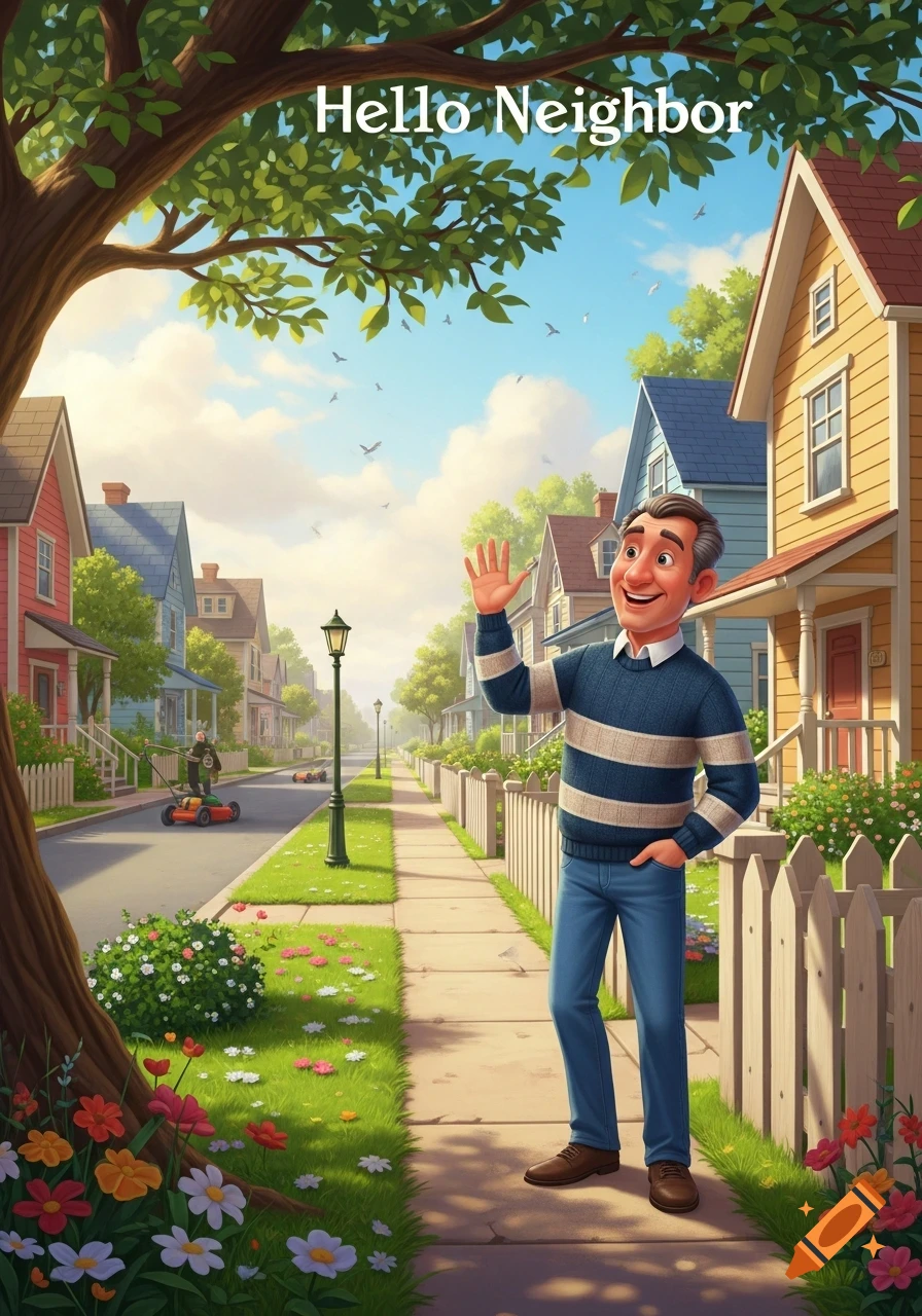 A smiling man with gray hair in a striped sweater waves from a sunny suburban sidewalk lined with houses and flowers.