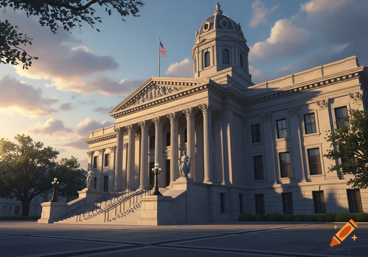 A grand neoclassical courthouse with a domed roof and tall columns under a dramatic sunrise sky, framed by dark tree branches.
