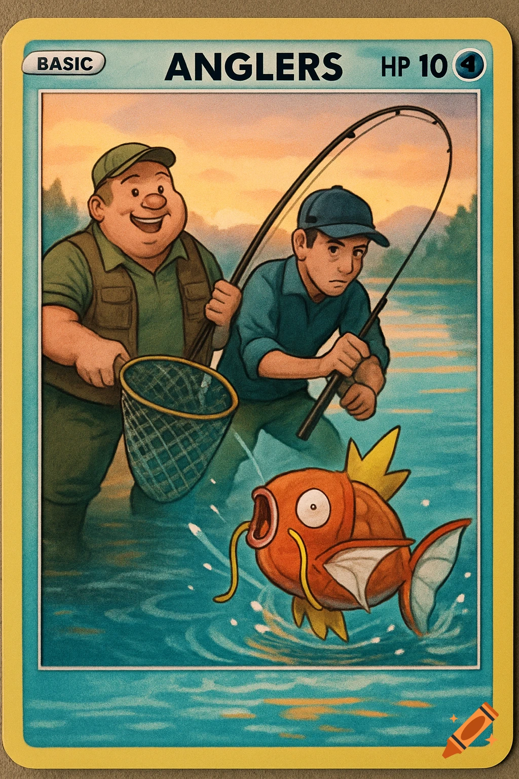 An illustration in the style of a Pokemon trading card shows two anglers in a river, one happy and holding a net, the other serious and holding a fishing rod. A Magikarp leaps from the water in front of them.
