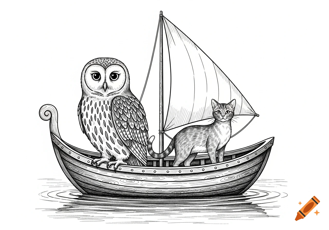 Black and white drawing of an owl on the left and a cat on the right in a small sailboat on water.