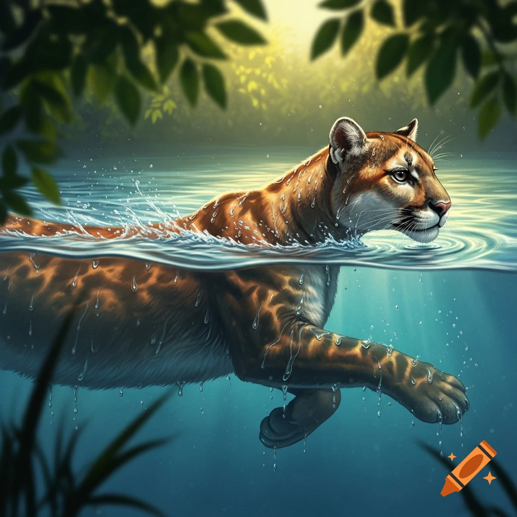 A photorealistic puma swims in clear blue water, its head and back above the surface, with sunlight and green foliage overhead.