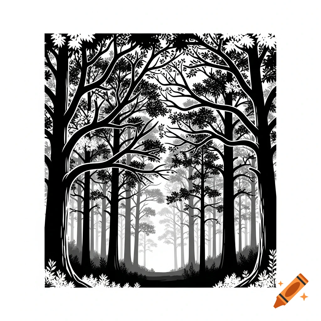 A graphic black and white silhouette illustration of a dense forest with a path leading through layers of trees and foliage.