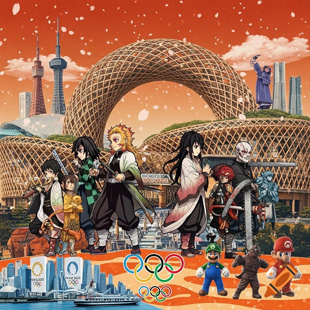 Anime characters, Mario, Luigi, and other figures stand before a modern cityscape with a large wooden lattice arch and Tokyo Tower, with Olympic rings in the foreground.