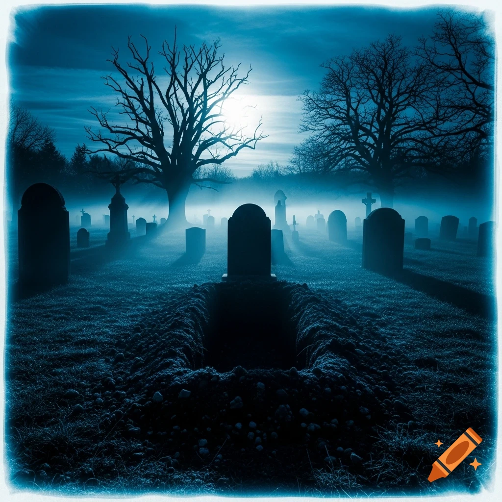 A moody cyanotype-style image of a moonlit graveyard with an open grave in the foreground and silhouetted trees.