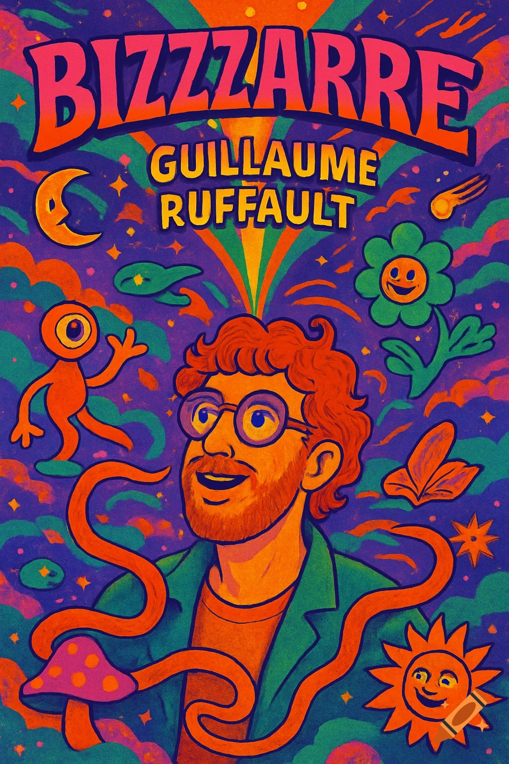 Psychedelic poster featuring a man with glasses, surrounded by colorful swirling patterns, whimsical creatures, and text 'BIZZZARRE Guillaume Ruffault'.