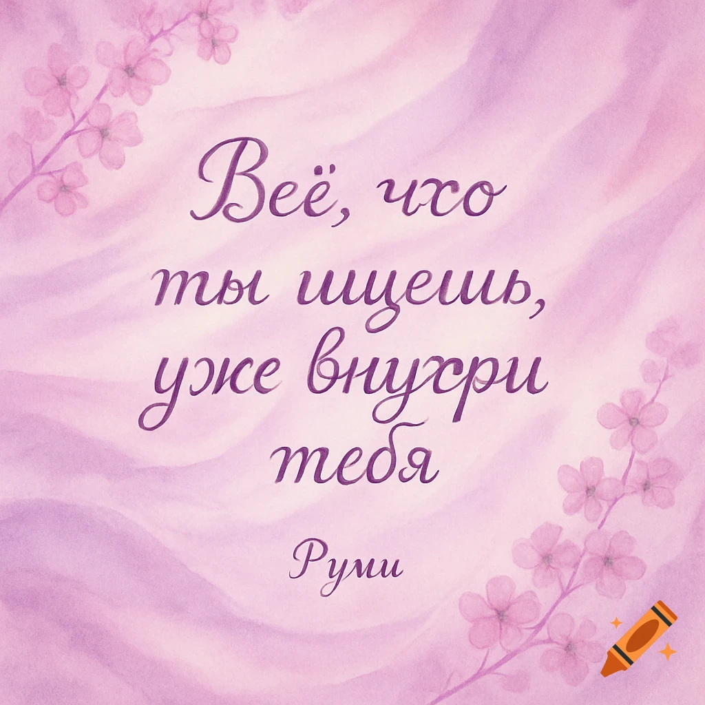 An inspirational quote by Rumi in purple script on a pastel pink and purple background with cherry blossoms.
