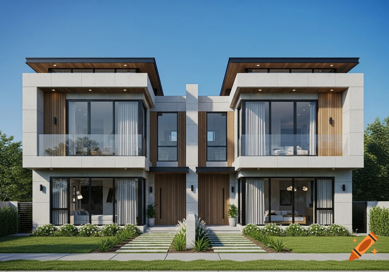 Photorealistic rendering of a modern two-story duplex house with concrete and wood facade, large windows, and a manicured lawn.