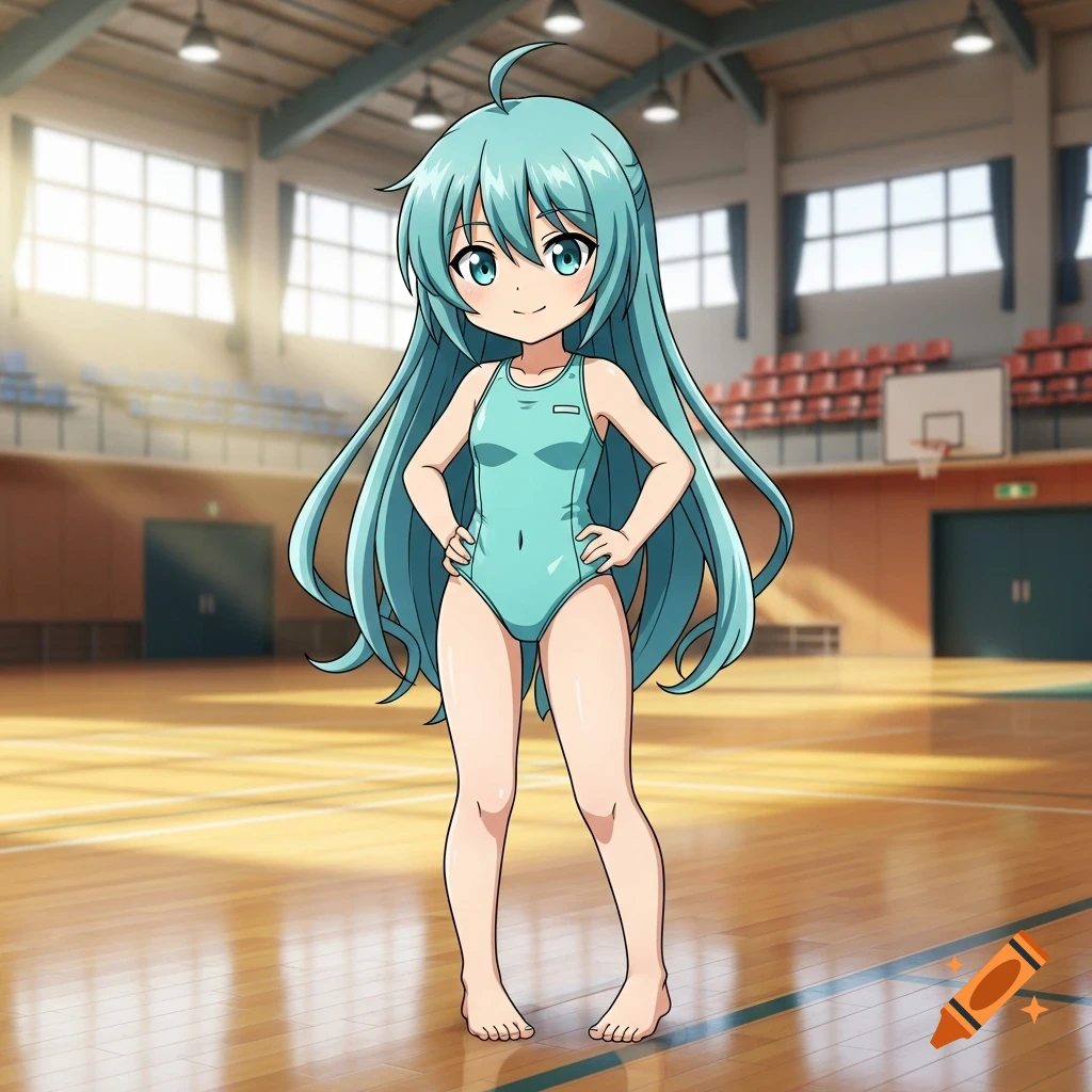 An anime girl with long light blue hair stands in a light blue swimsuit inside a gymnasium.