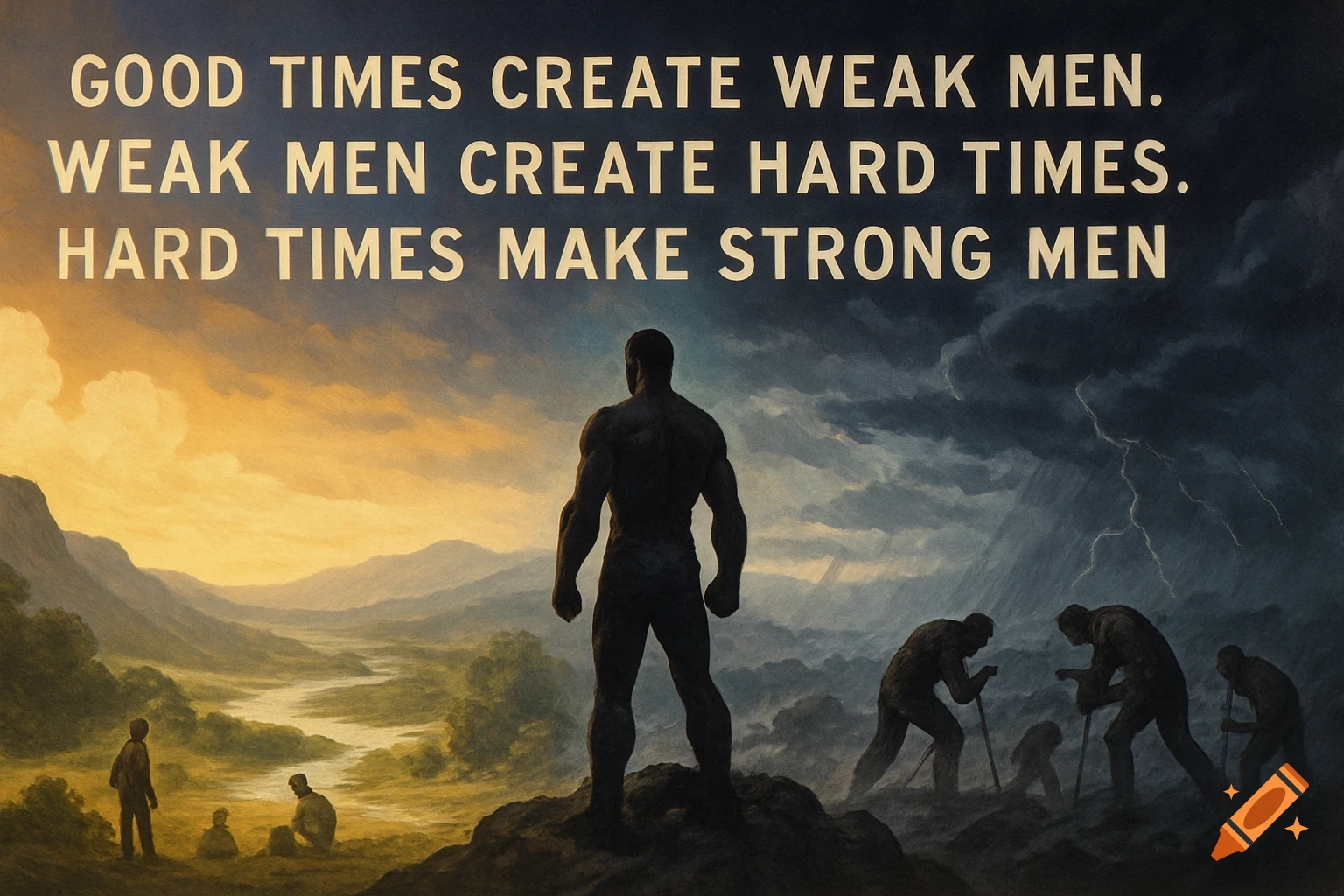 A muscular man stands on a peak overlooking a bright valley. Behind him, figures struggle up a dark, stormy hill. Text above.