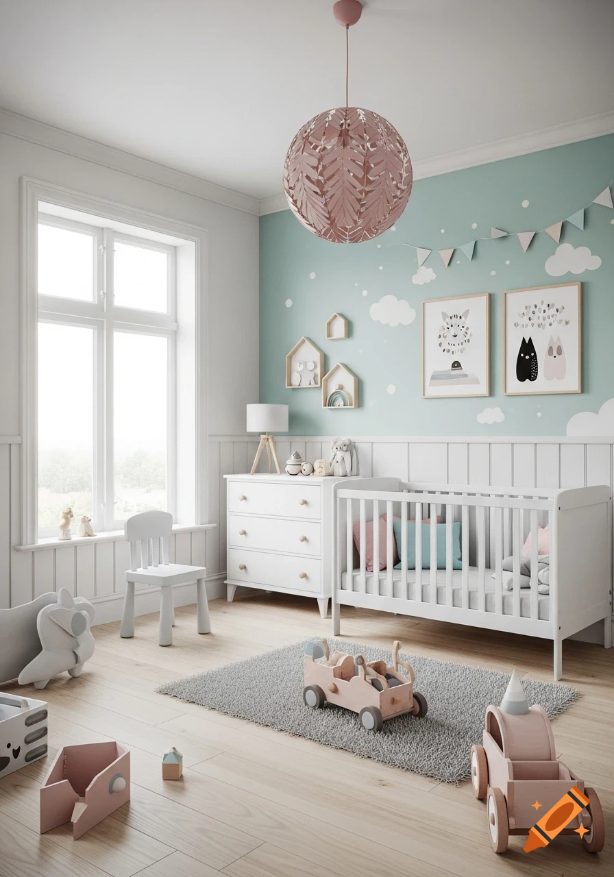 Modern Scandinavian kids room with white crib, dresser, wooden toys, light wood floor, mint green wall with clouds, and a pink leaf chandelier.