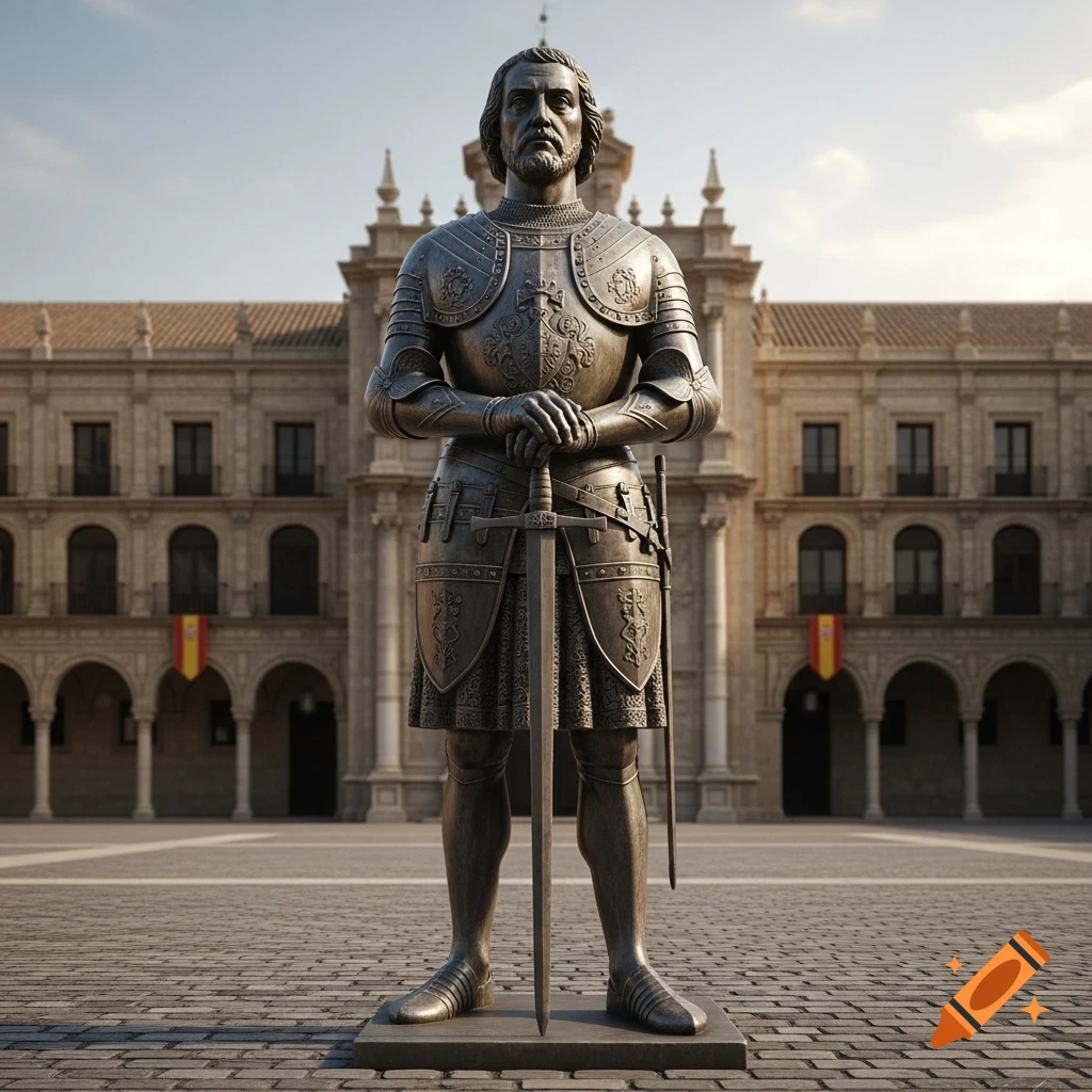A photorealistic bronze statue of a medieval knight holding a sword, standing in a large cobblestone plaza with an ornate historic building in the background under a clear sky.