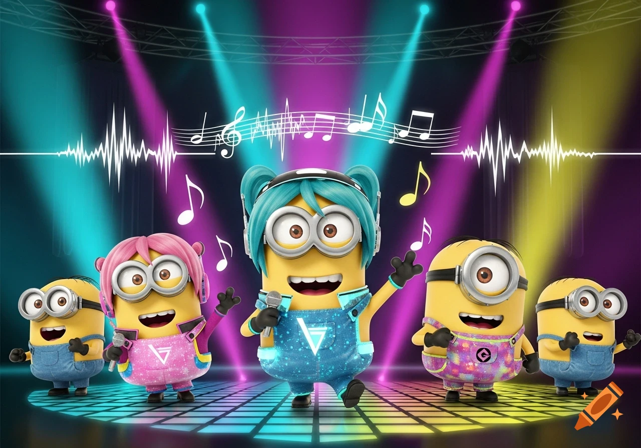 Five Minions perform on a glowing stage under colorful spotlights, with musical notes and waveforms surrounding them.