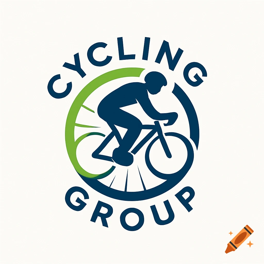Logo for a cycling group with a dark blue silhouette of a cyclist on a bike within a green and blue circular design, with CYCLING and GROUP text.