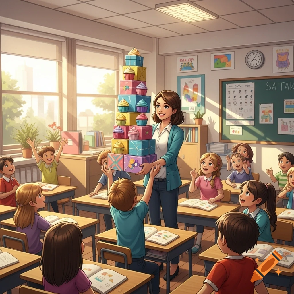 A cartoon teacher holds a tall stack of cupcake-topped gift boxes for excited students in a sunny classroom.