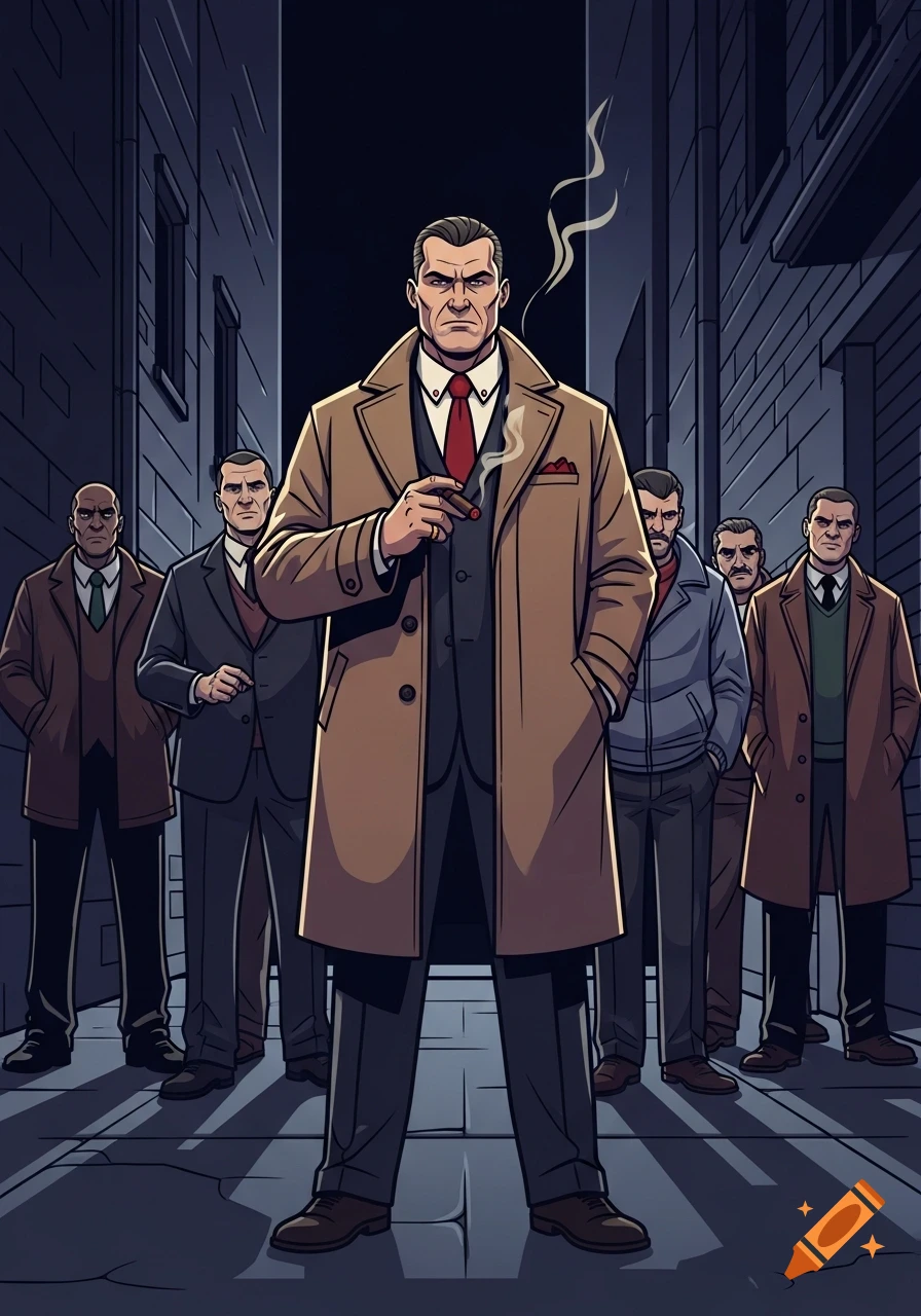 A stylized comic art image of a stern mafia crime boss smoking a cigar, standing in a dark alley with his goons behind him.