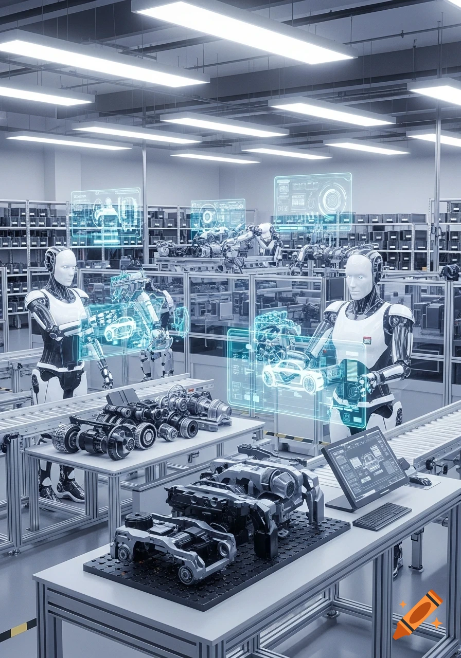 Humanoid robots assemble car parts with glowing digital interfaces in a high-tech factory with a clean, metallic aesthetic.