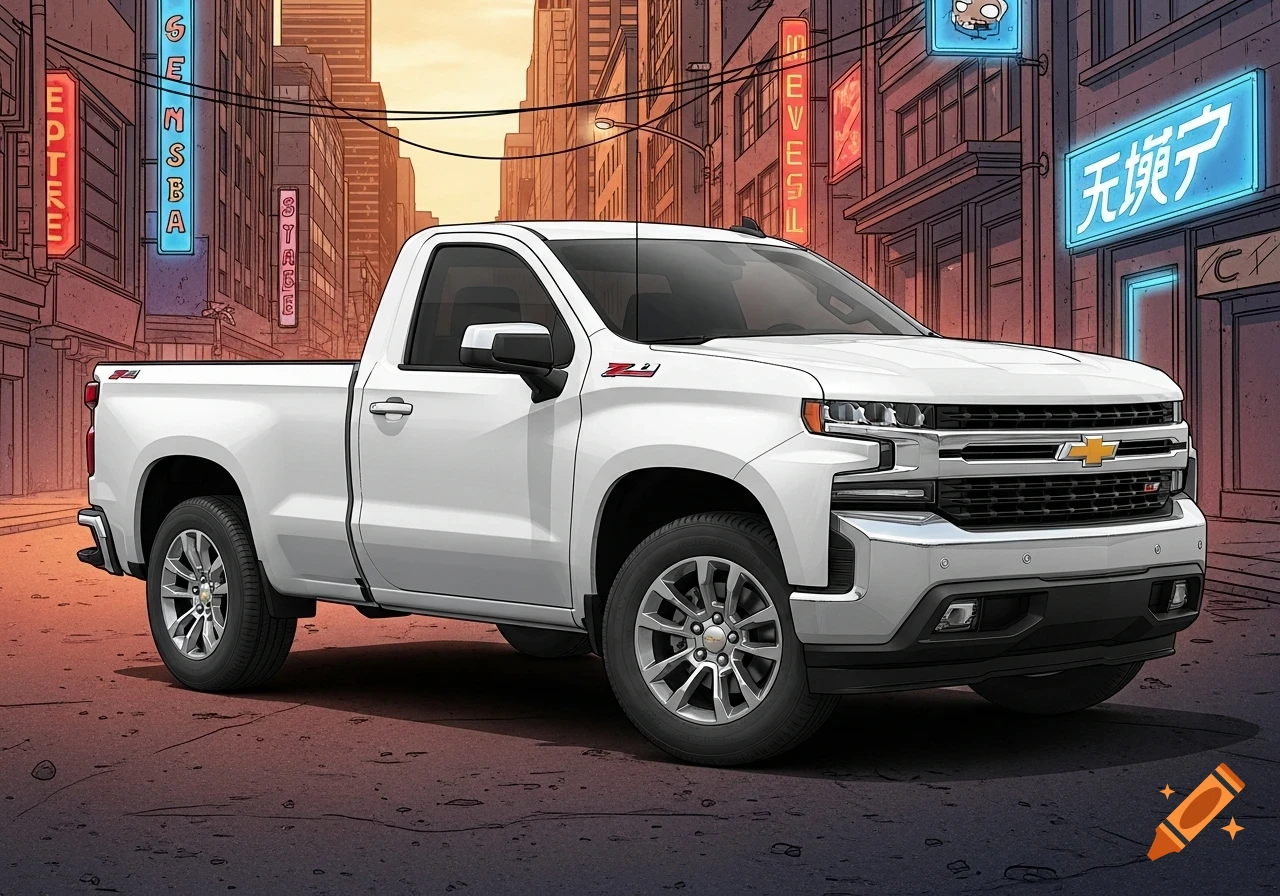 White 2020 Chevrolet Silverado 2 door single cab truck parked on an urban street with neon signs, in an edgy comic book art style.