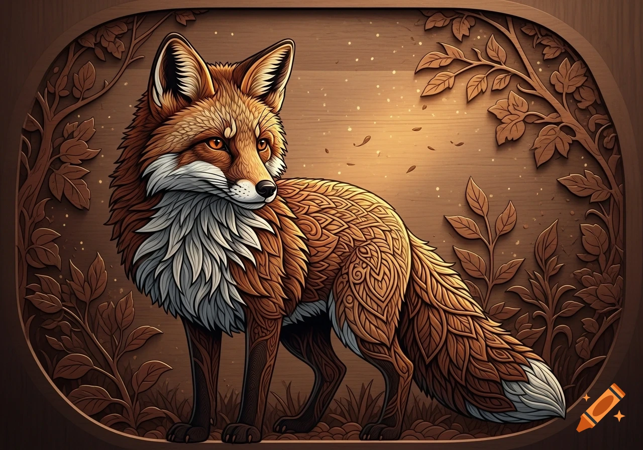 Stylized brown fox with white chest fur in a wood carving style, surrounded by engraved leaves and branches on a wooden background.