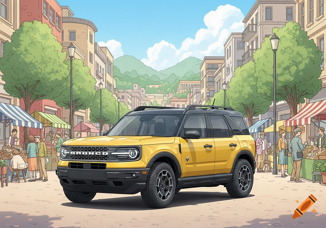 A yellow Ford Bronco Sport parked in a bustling outdoor marketplace in the distinct cartoon style of Seizo Watase.