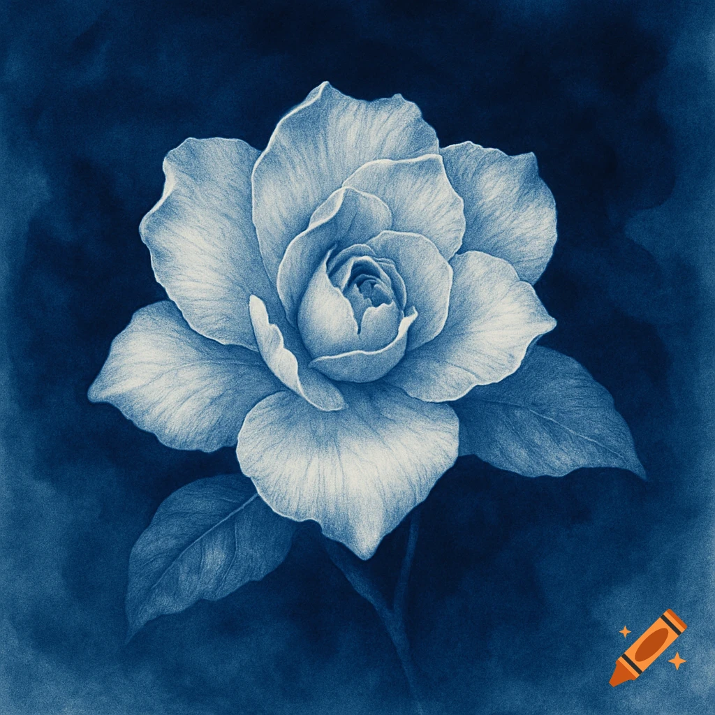 A blue and white cyanotype illustration featuring a detailed gardenia flower with leaves on a dark background.