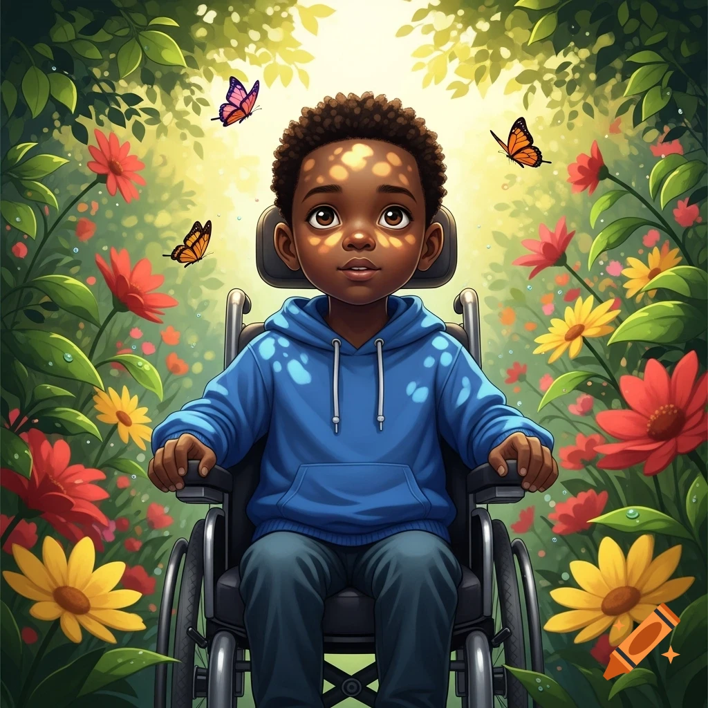 Cartoon illustration of a young Black boy in a wheelchair, surrounded by vibrant flowers and butterflies in a sunny garden.