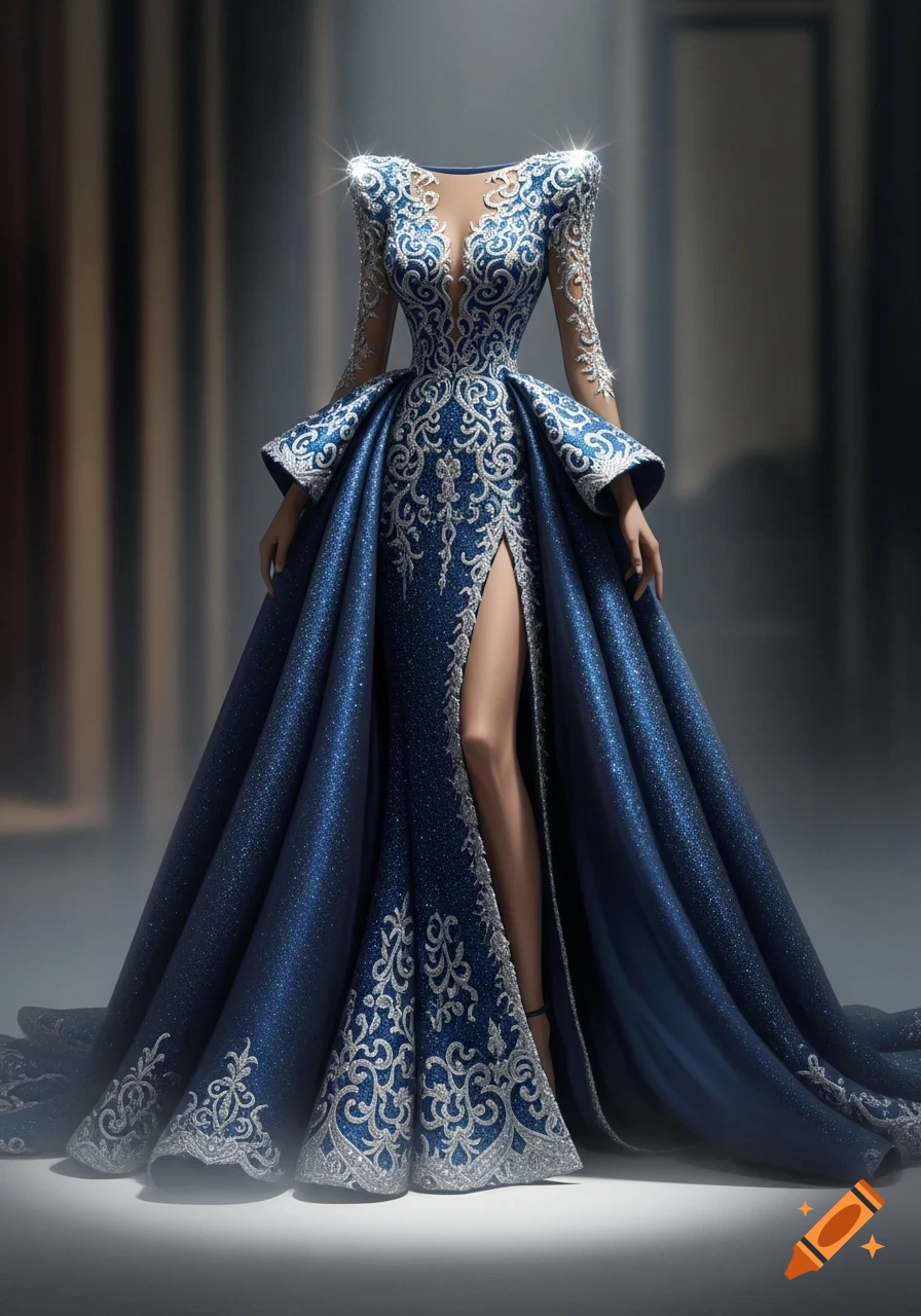 A glamorous, headless figure in a sparkling royal blue and silver ornate ball gown with long sleeves, a deep V-neck, and a high leg slit.