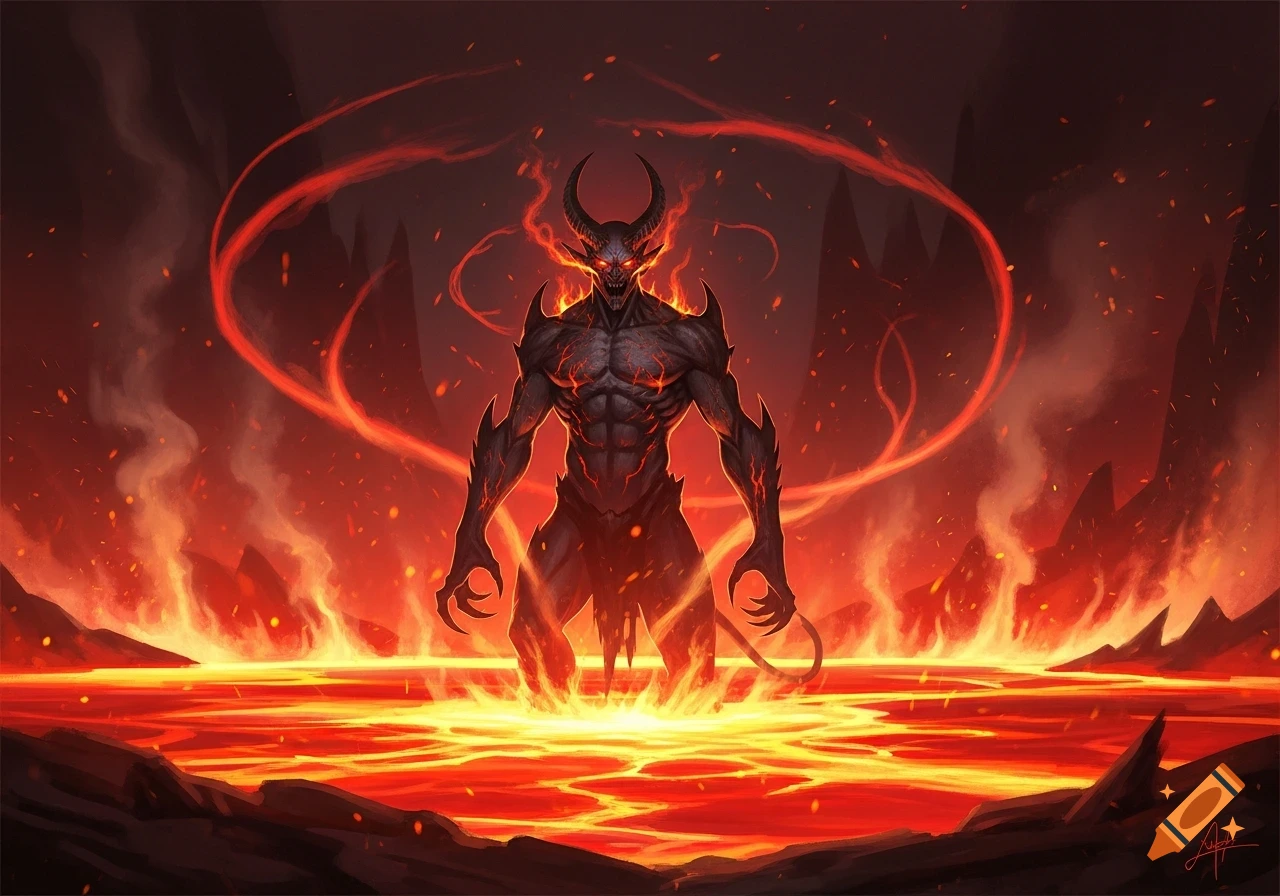 A monstrous demon with glowing red eyes and horns stands in a fiery pool of lava, surrounded by flames and dark mountains.