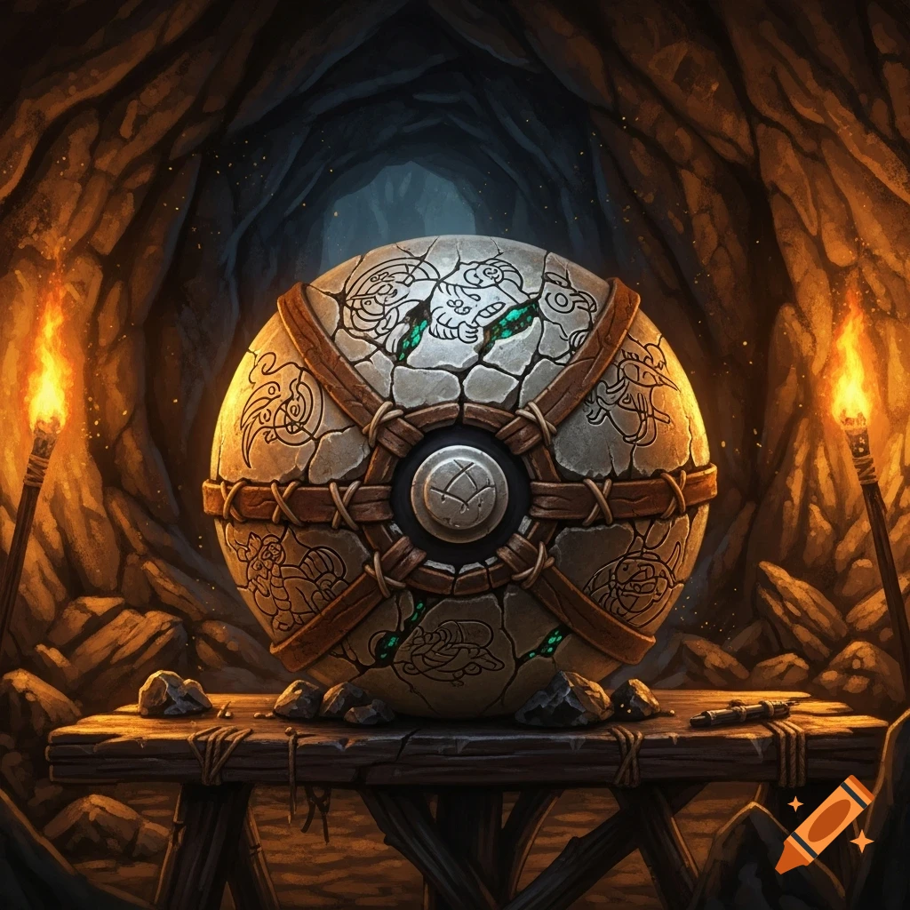 A cracked stone orb with green glowing fissures and ancient patterns, bound by leather straps, sits on a wooden table in a torch-lit cave.