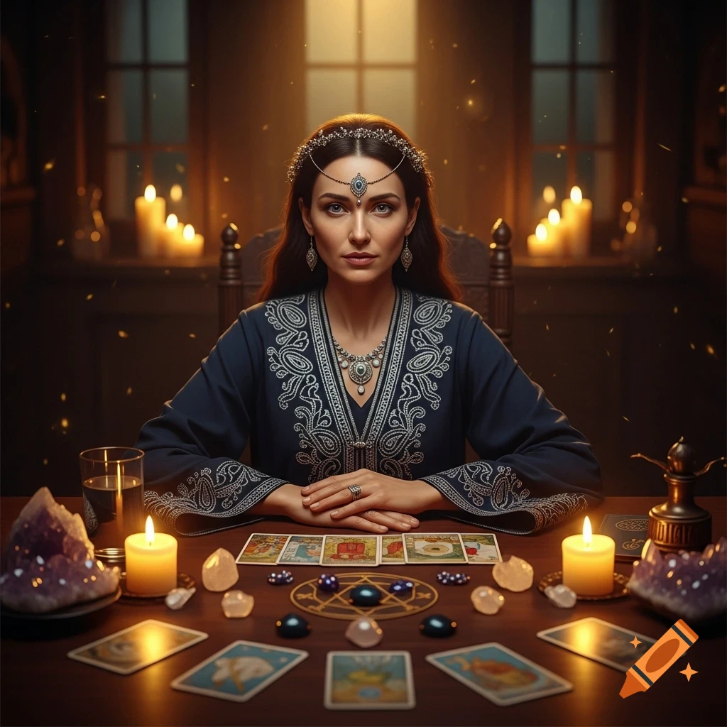 A photorealistic portrait of a mysterious fortune teller with dark hair, wearing an embroidered robe and headpiece, sitting at a candlelit table with tarot cards and crystals.