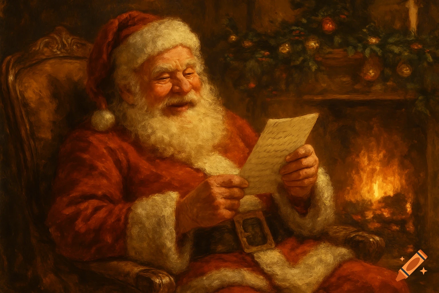 Oil painting of Santa Claus in a red suit and hat, smiling while reading a letter by a fireplace.