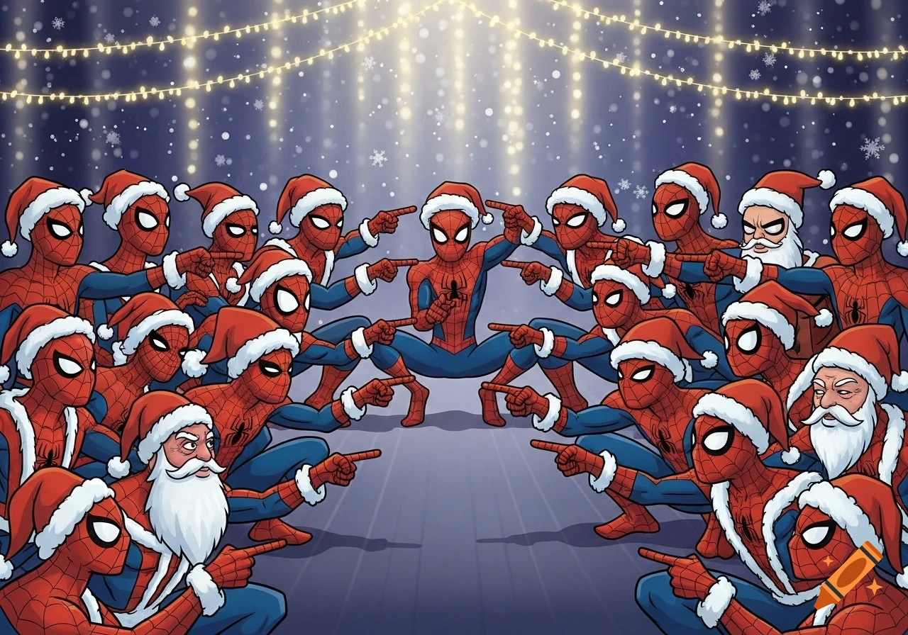 A group of cartoon Spider-Man characters in Santa hats and suits pointing at a central Spider-Man, in a Christmas setting with string lights and snow.