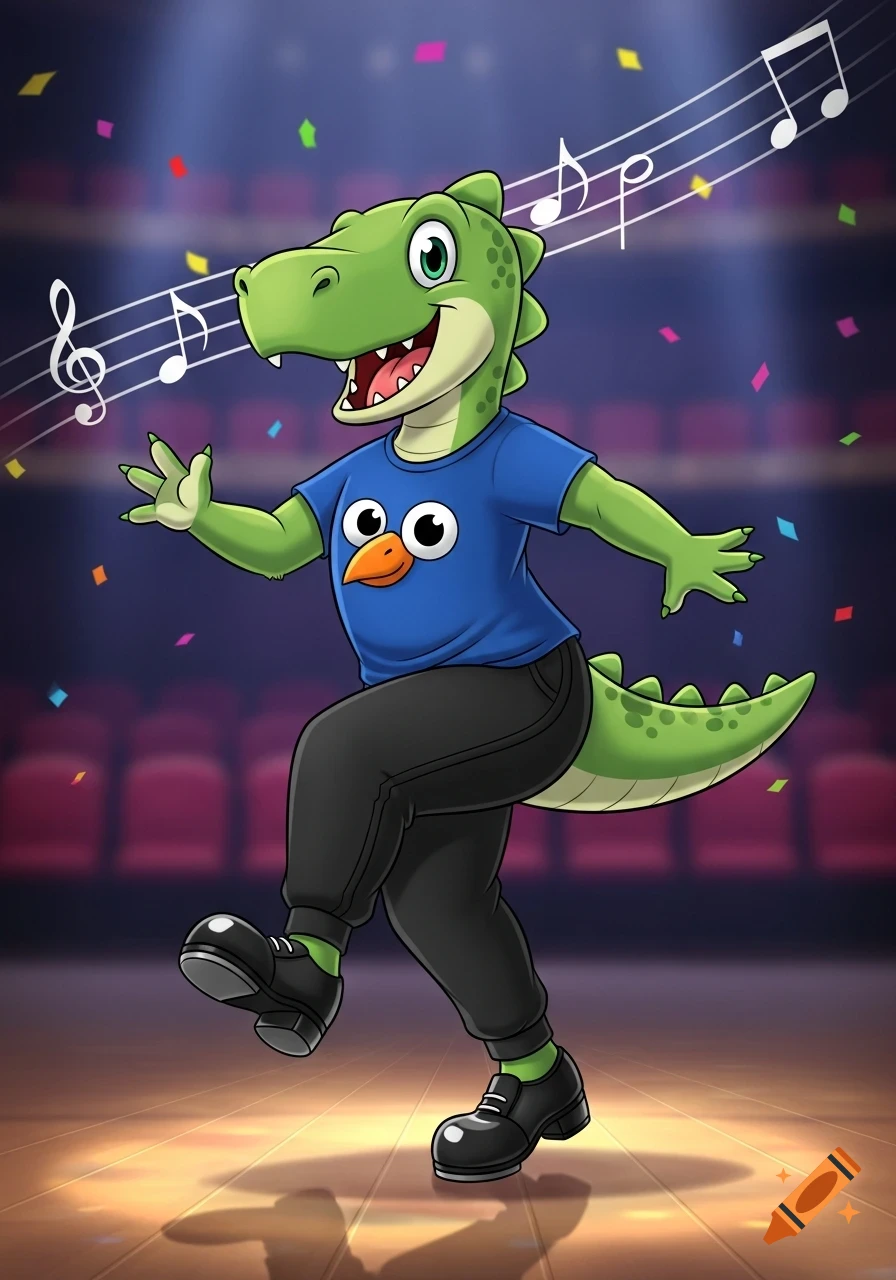 A friendly green cartoon dinosaur tap dancing on a stage, wearing a blue bird t-shirt and black pants, with musical notes and confetti.