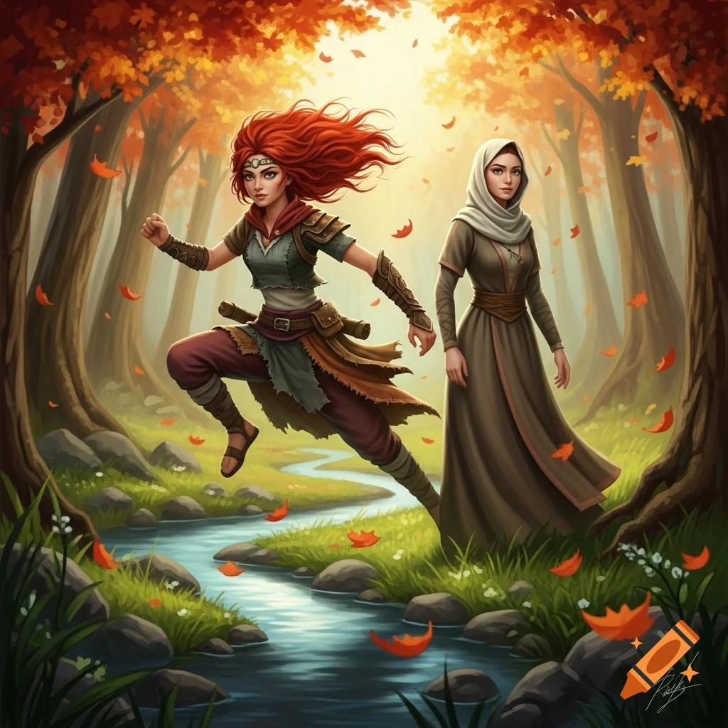 Digital painting of a red-haired woman leaping and another woman walking in an autumn forest beside a stream.