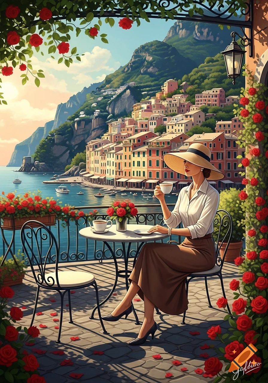 Illustration of a woman in a wide-brimmed hat having coffee on a balcony overlooking a picturesque Italian coastal town with red roses.