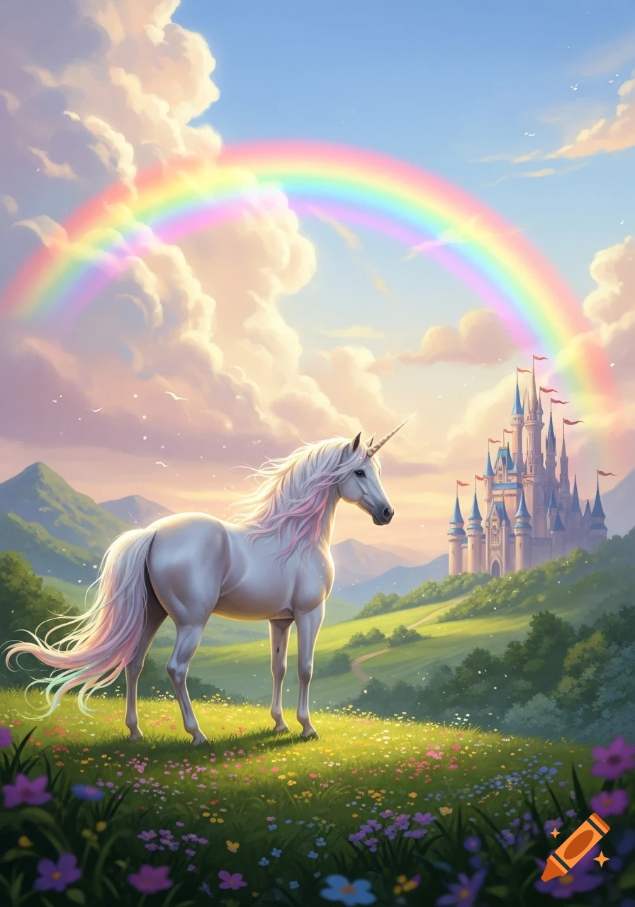 A white unicorn with a pink mane stands in a field of wildflowers under a rainbow, with a fairytale castle on a hill.