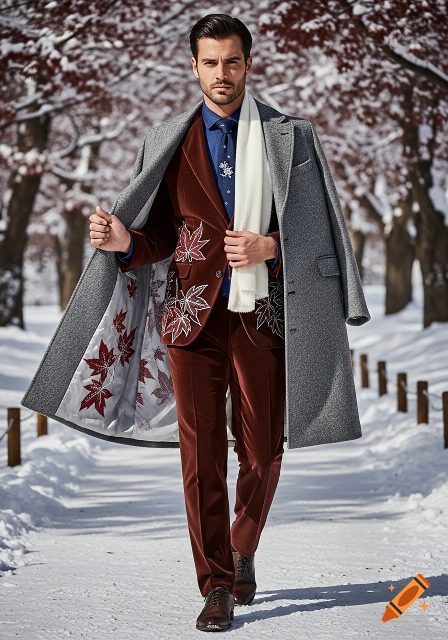 A stylish man in a russet velvet suit and grey overcoat with maple leaf lining walks on a snowy path.