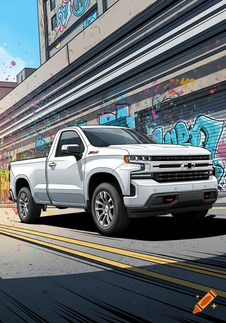 A white 2020 Chevrolet Silverado 2-door single cab pickup truck, rendered in an edgy comic book style, parked on a street in front of a building covered in colorful graffiti.