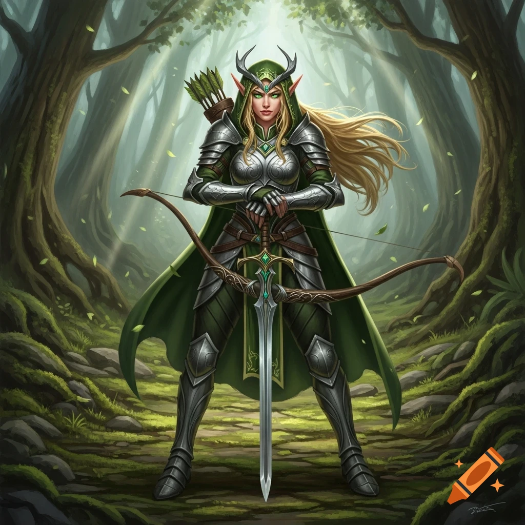 A female elf warrior in green and silver armor with a bow and sword stands in a magical forest.