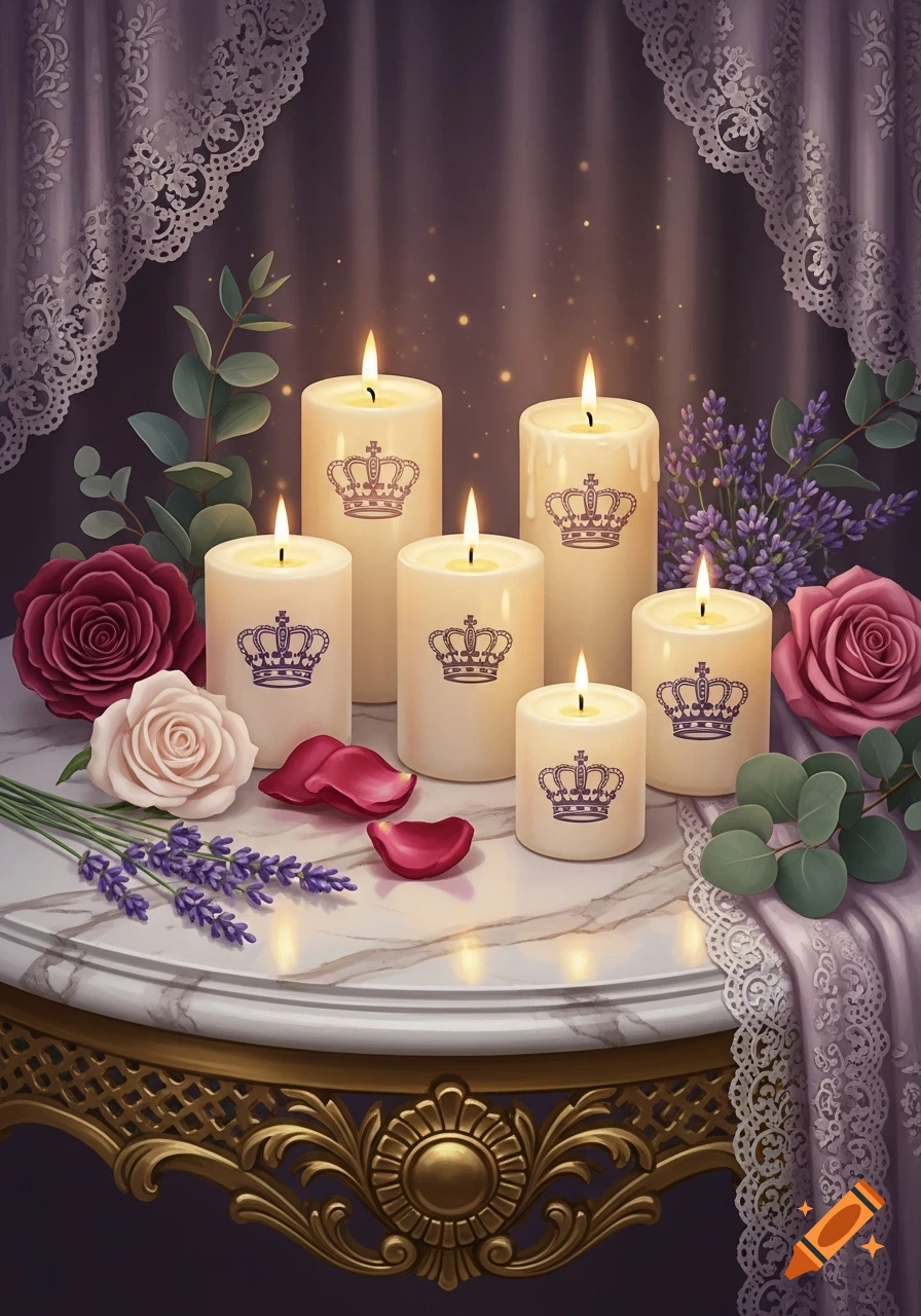 Six lit white candles adorned with purple crown symbols, surrounded by red and white roses, lavender, eucalyptus, and red rose petals on a decorative marble table with lace.