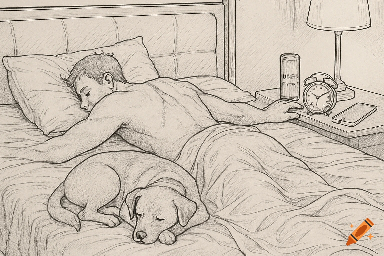Line art drawing of a man sleeping face down in bed with a dog curled up beside him, bedside table with lamp and alarm clock.