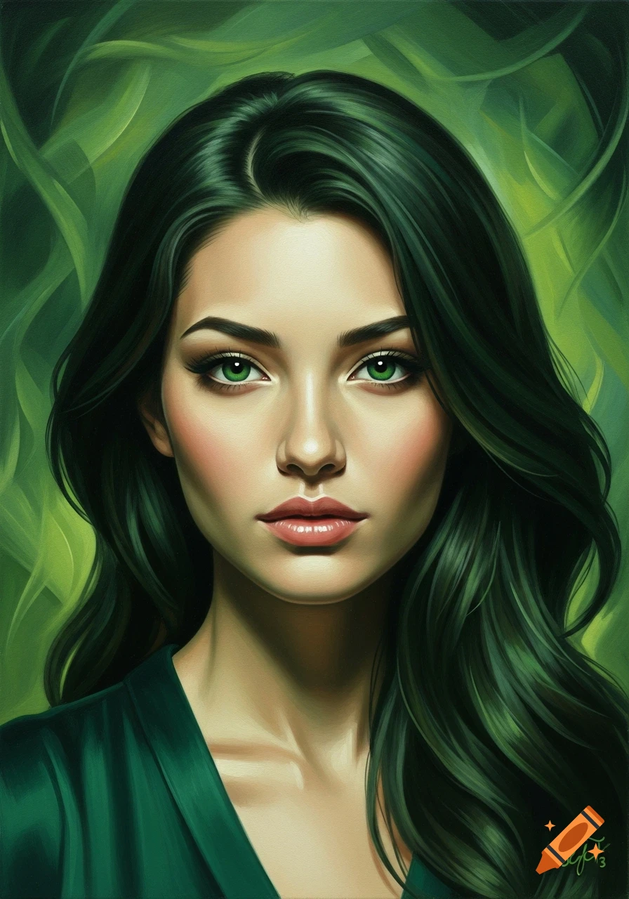 Oil painting portrait of a woman with dark green hair and bright green eyes against an abstract green background.