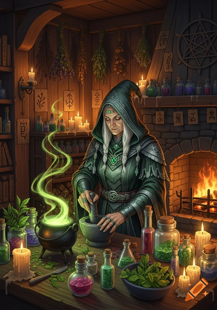 An old witch in a dark green hooded robe grinds ingredients, surrounded by glowing potions, herbs, and candles in a magical workshop.