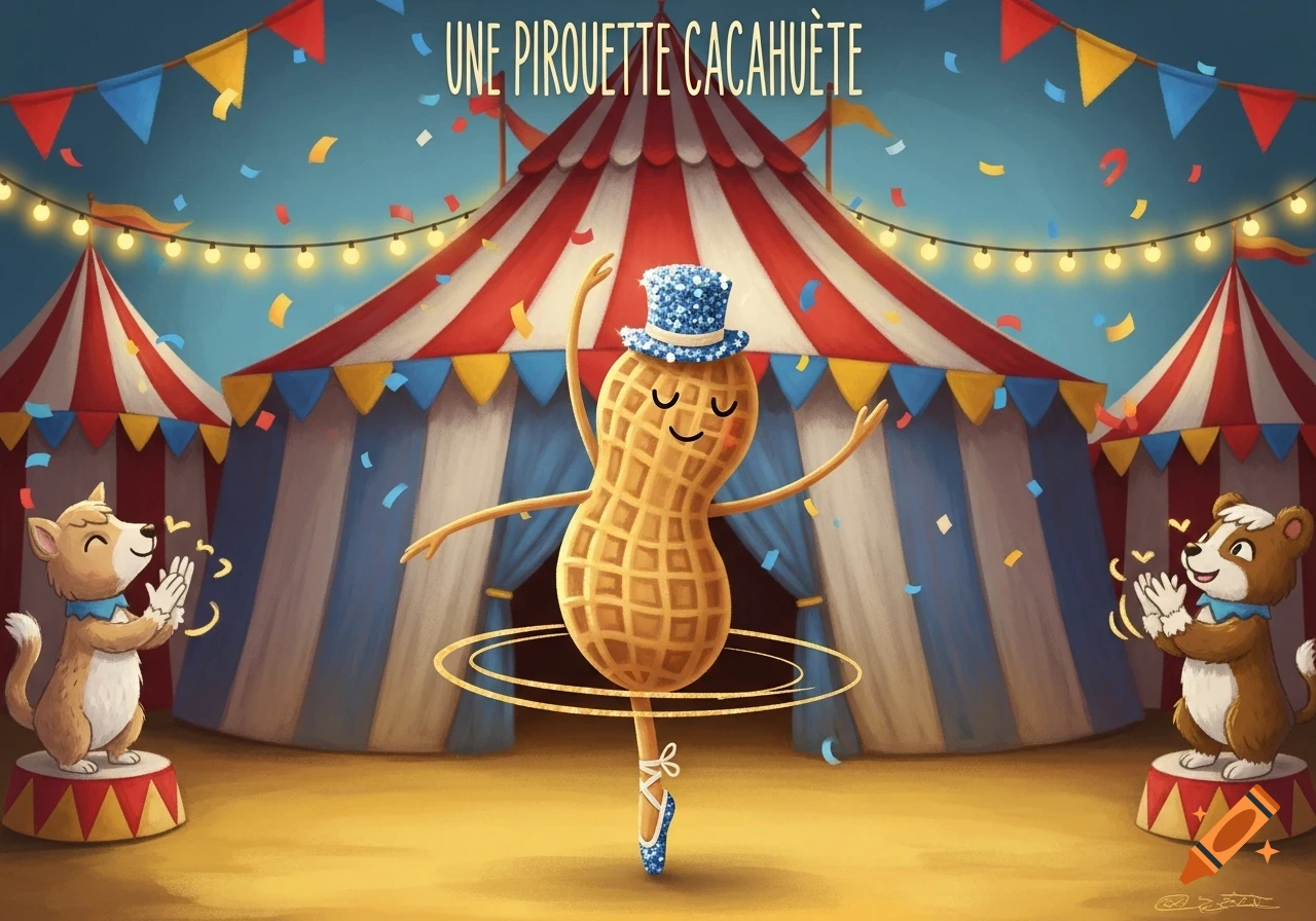 A cartoon peanut in a top hat and ballet shoes performs a pirouette on stage in a circus tent as two animals applaud.
