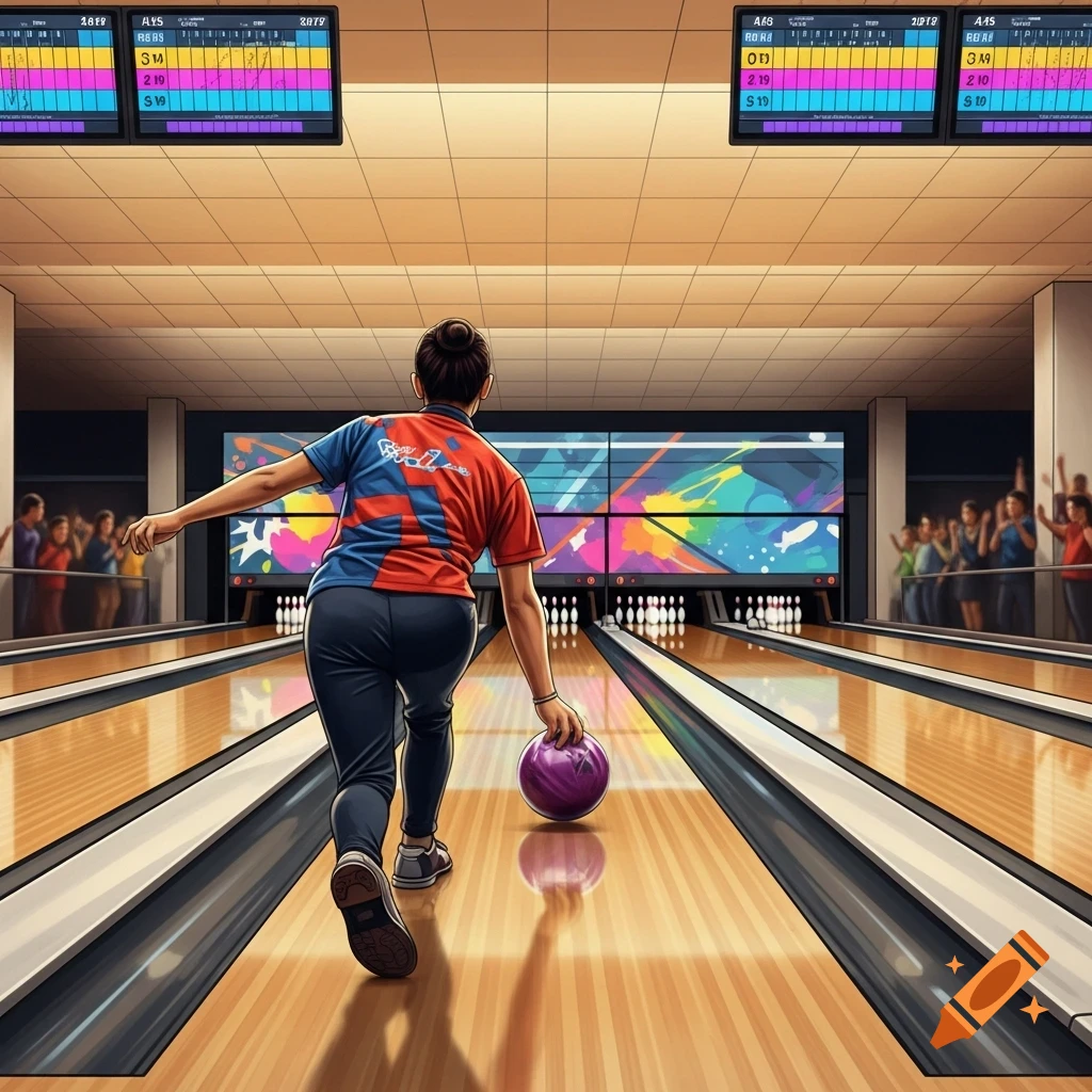 A person from behind bowling a purple ball down a lane in a brightly lit bowling alley with scoreboards and spectators.