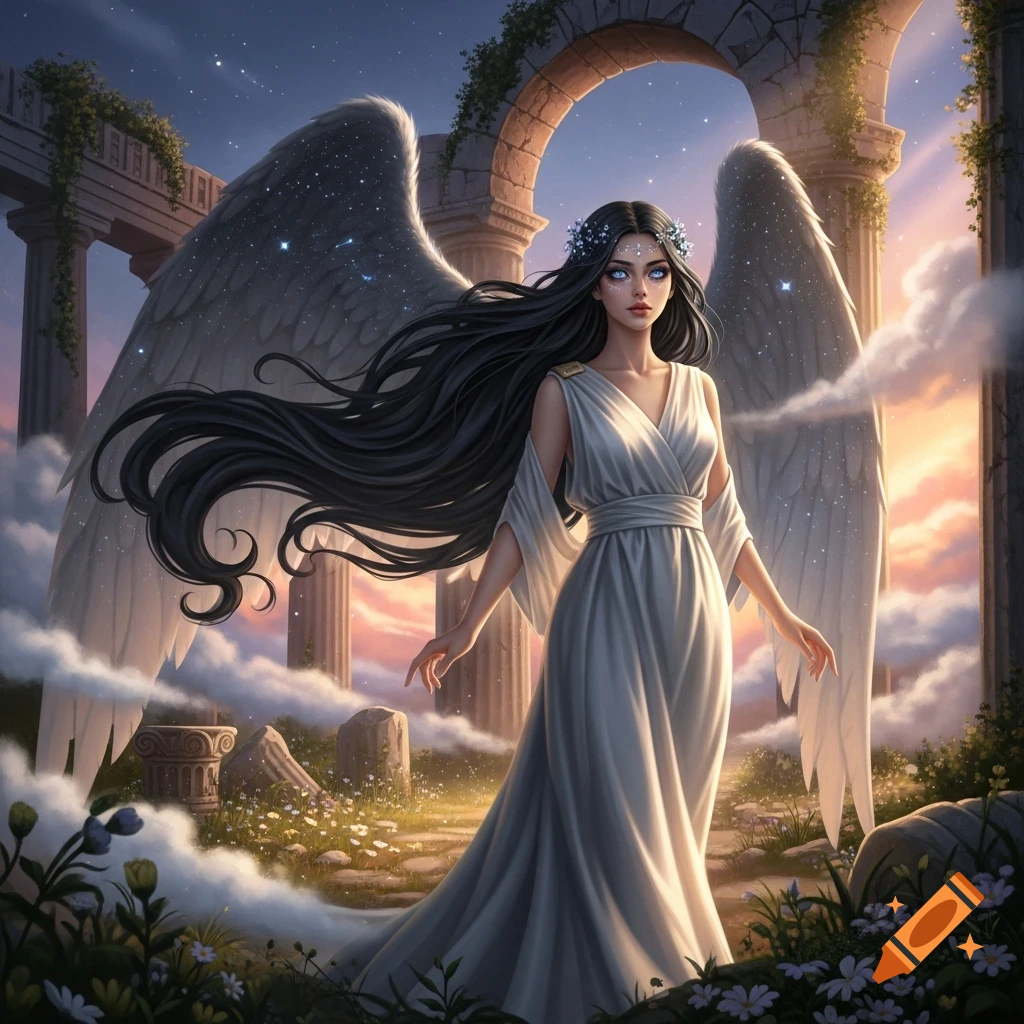 A Greek angel with long black hair and large wings stands among ancient ruins and clouds at twilight, looking forward.