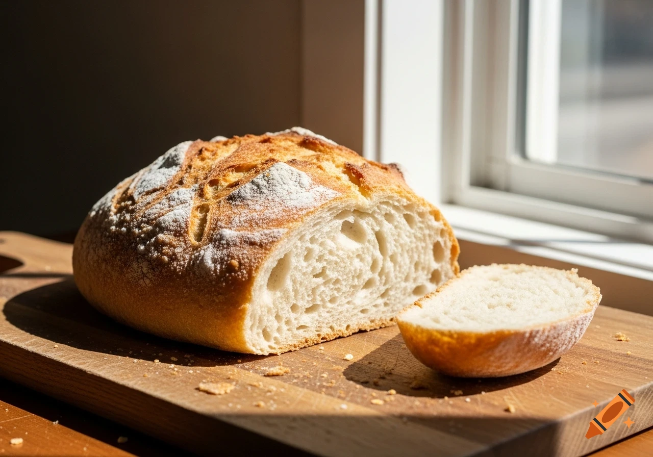 A sliced loaf of homemade bread on a wooden cutting board by a sunny window, showing a soft, airy texture.
