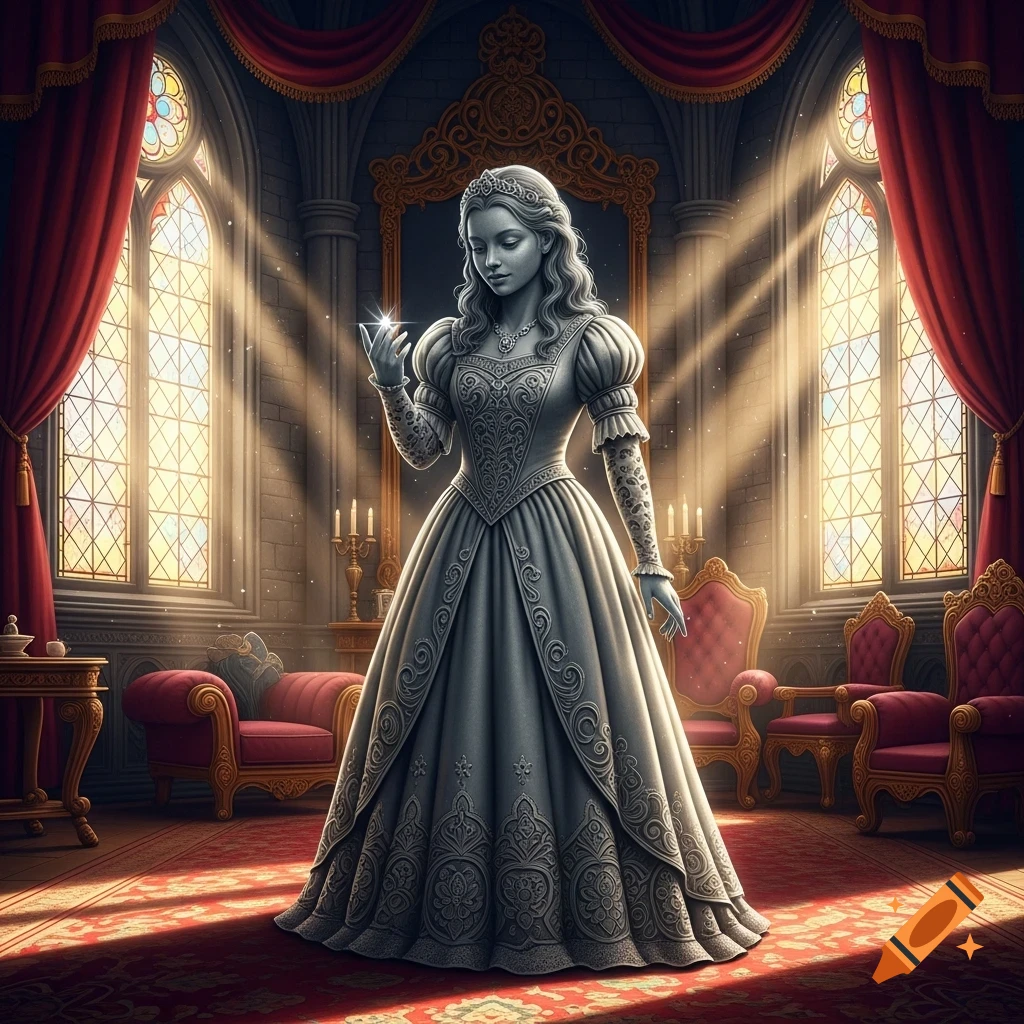 Stone princess in an ornate gown, holding a shining gem, stands in a grand castle room with sunlight through stained-glass.