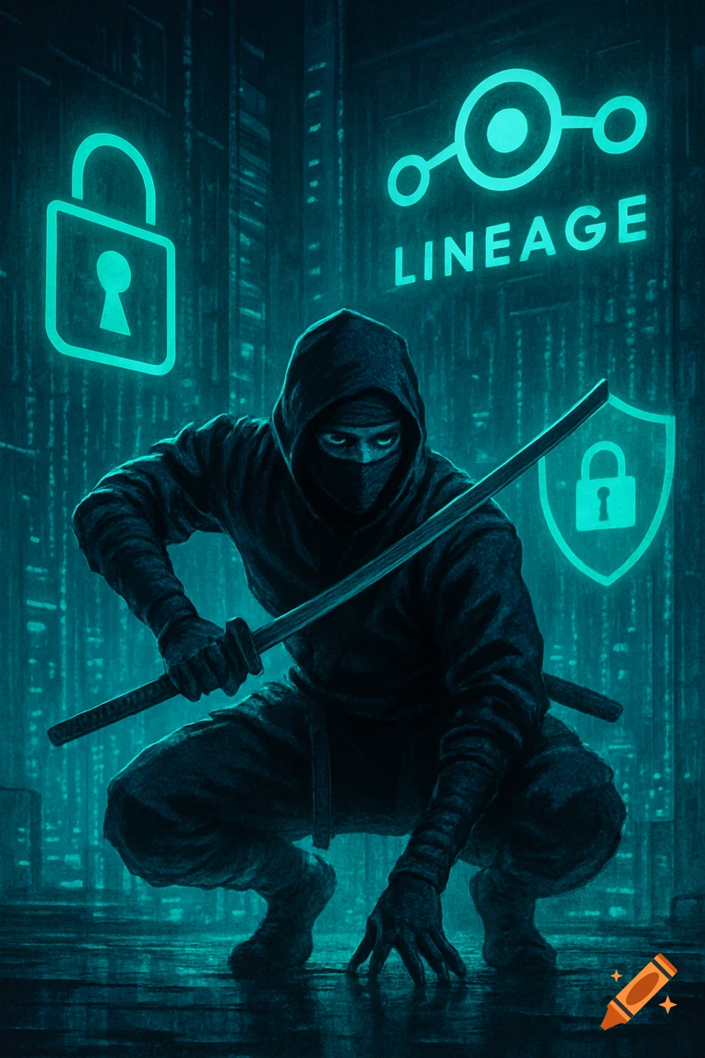 A crouching ninja with a katana in a dark, neon-lit cyberpunk city, surrounded by digital lock symbols and the LineageOS logo.